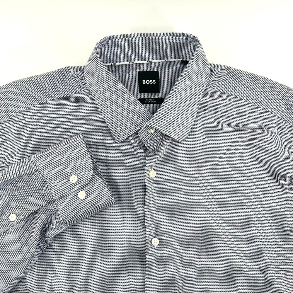 Hugo Boss Mens Dress Shirt Size XL 17 43 Blue Check Micro Pattern Long Sleeve